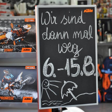 BETRIEBSURLAUB
WIR SIND DANN MAL WEG :)...
wir machen Betriebsurlaub vom 06.08.2018 - 15.08.2018!!!
Ab 16.08.2018 sind wir gerne wieder f... Weiter >>