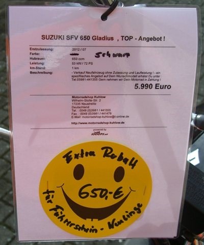 Suzuki SFV650-ABS - Gladius für nur 5340,- Euro !!!! - Motorrad des Monats Juli 2012 !!!