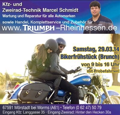 Bikerfrühstück mit Probefahrten bei Triumph Rheinhessen am 29.03.2014