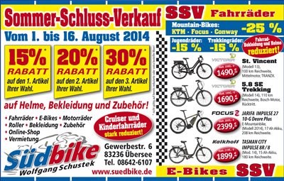 Sommerschlussverkauf bei Südbike Übersee - Bild 1 Sommerschlussverkauf bei Südbike Übersee - Bild 1