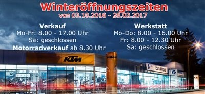 Winteröffnungszeiten Ersatzteile und LagerMontag bis Freitag 8.00 - 17 UhrFahrzeugverkaufMontag bis Freitag 8.30 - 17 UhrWerkstatt Montag bis Donnersta... Weiter >>