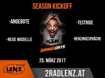 KTM Orange Day Die Motorradsaison steht endlich in den Startlöchern!
Deshalb gibt es auch dieses Jahr, am 25.3.2017, wieder den KTM Orange Day.
... Weiter >>