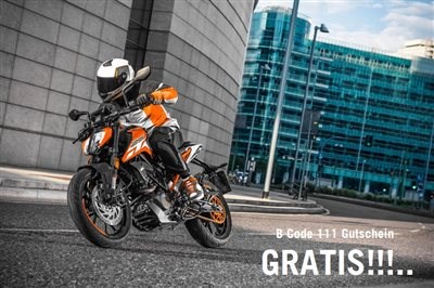 KTM 125 Duke kaufen - B Code 111 Gutschein erhalten!!! Code 111 und Ihr Autoführerschein – so beginnt der Zweiradspaß mit der KTM 125 Duke :)Die ersten 3 glücklichen Käufer die bei uns ... Weiter >>