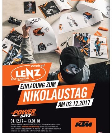 KTM Nikolaustag
Wir laden euch ein zum KTM Nikolaustag bei
2RAD LENZ in Rottenmann
am Samstag den 2. Dezember 09.00 bis 18.00 Uhr.
50,-- € G... Weiter >>