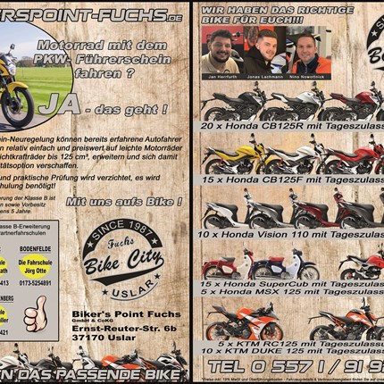 Motorrad mit dem PKW-Führerschein fahren? Ja, das geht!!! Motorrad mit dem PKW-Führerschein fahren?Ja, das geht!!!Mit uns findet Ihr das richtige Bike für euren Start auf zwei Rädern!Und wer jetzt schnell ist kann sich noch eine Tageszulassung zum Schnäppchenpreis sichern!Bei Fra...