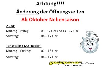 Öffnungszeiten Nebensaison ab Oktober 2019